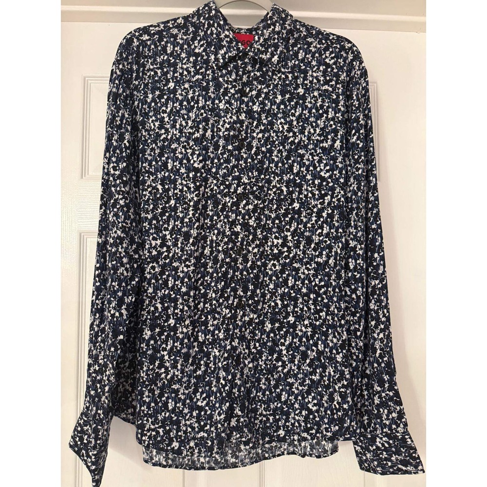 HUGO Hugo Boss Mens Casual Slim Fit Floral Print Button Down Shirt Navy‎ White